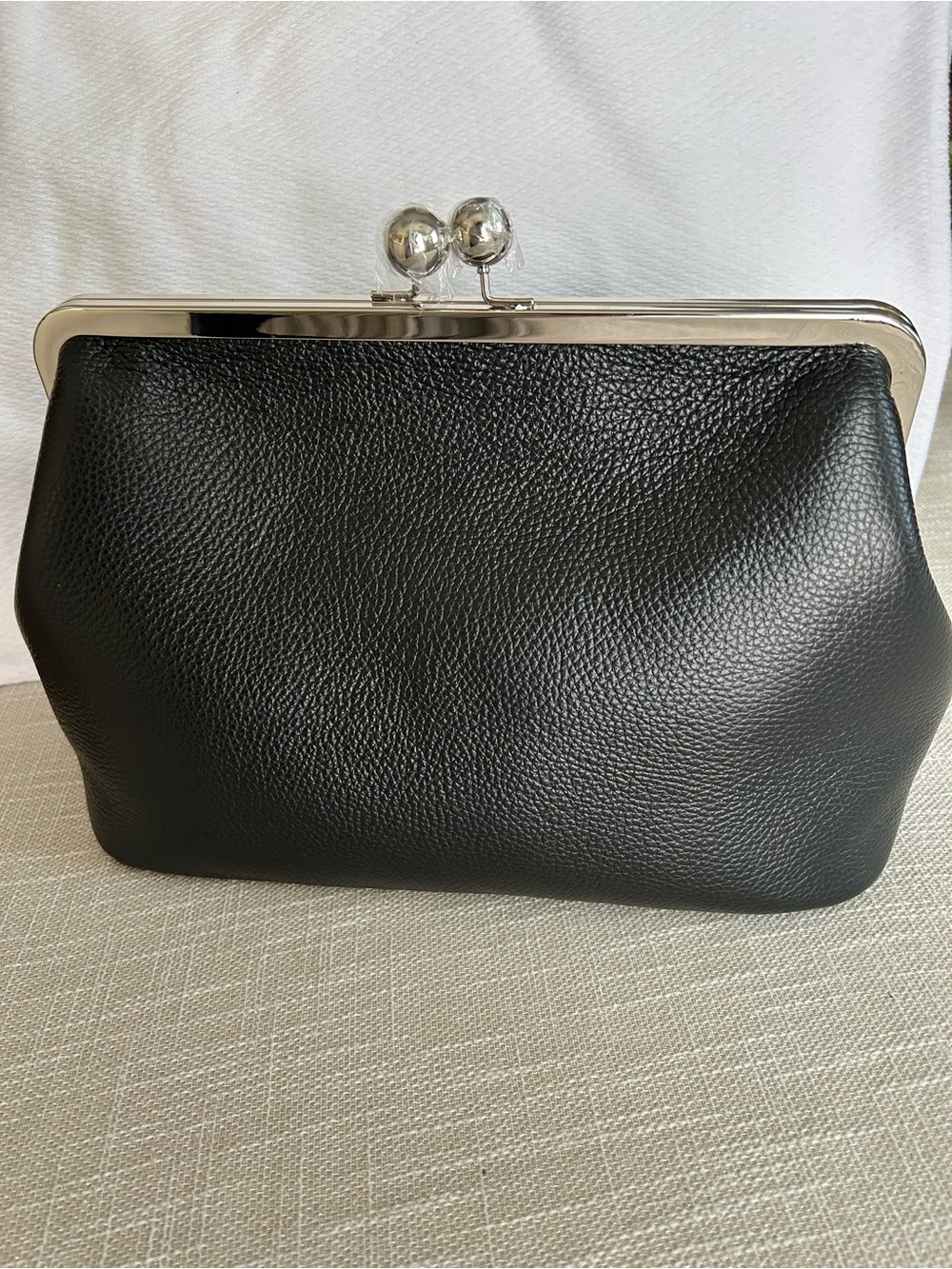 Black Leather kiss-lock Frame Clutch Bag - Minimal Women's Purse
